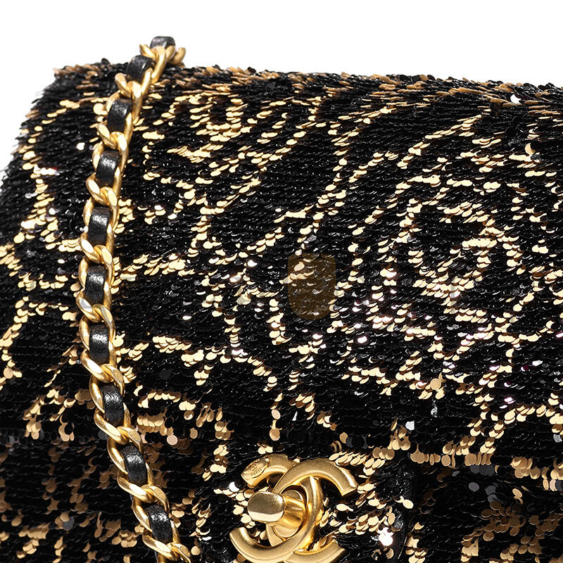 Ch*el flap bag sequins & gold-tone metal golden & black as4561 (21*14*8cm)